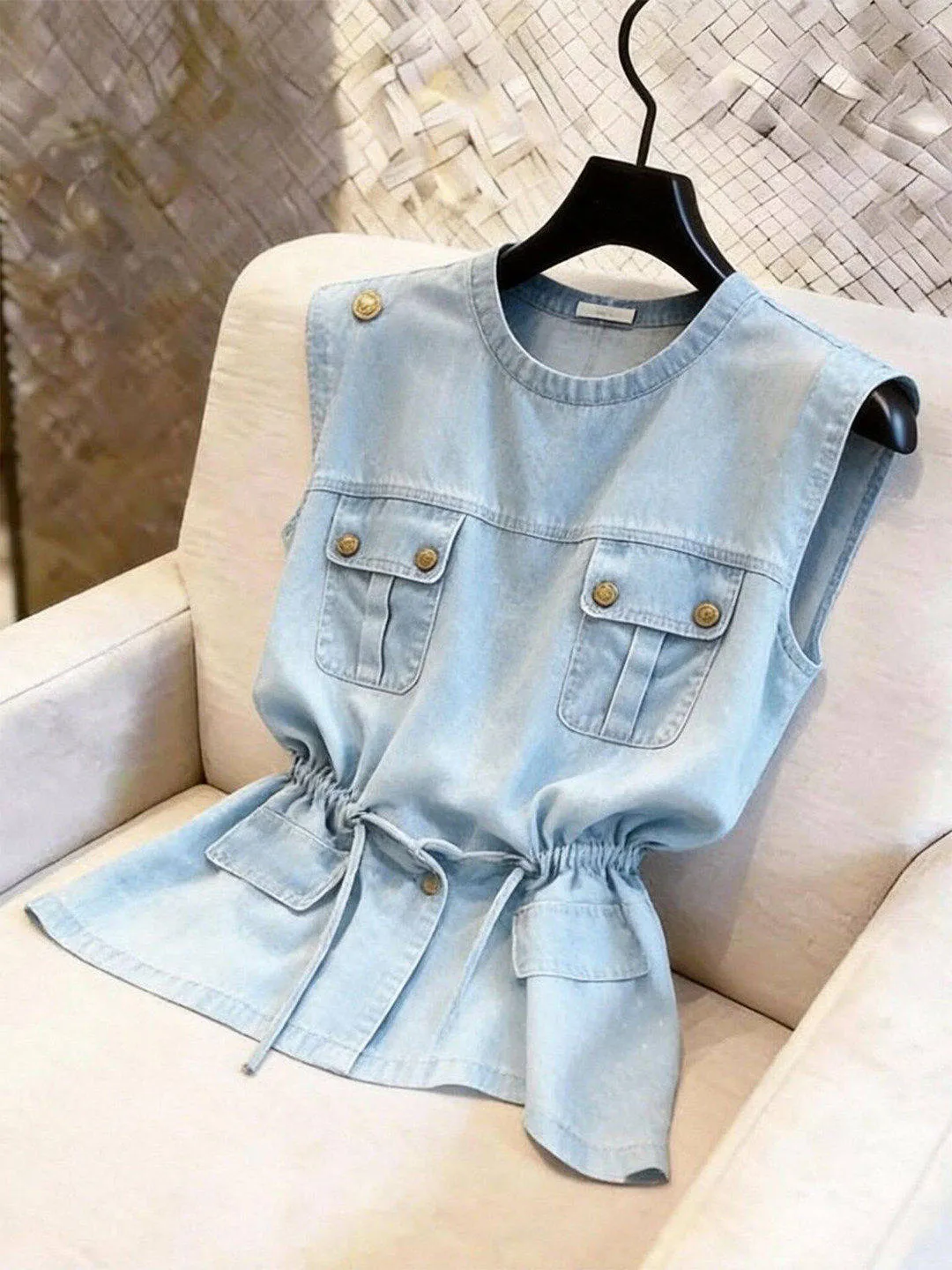 Light Blue Denim Vest Women's Summer New Korean Slim Waist Sleeveless O-neck Pullover Temperament Versatile Drawstring Tank Top