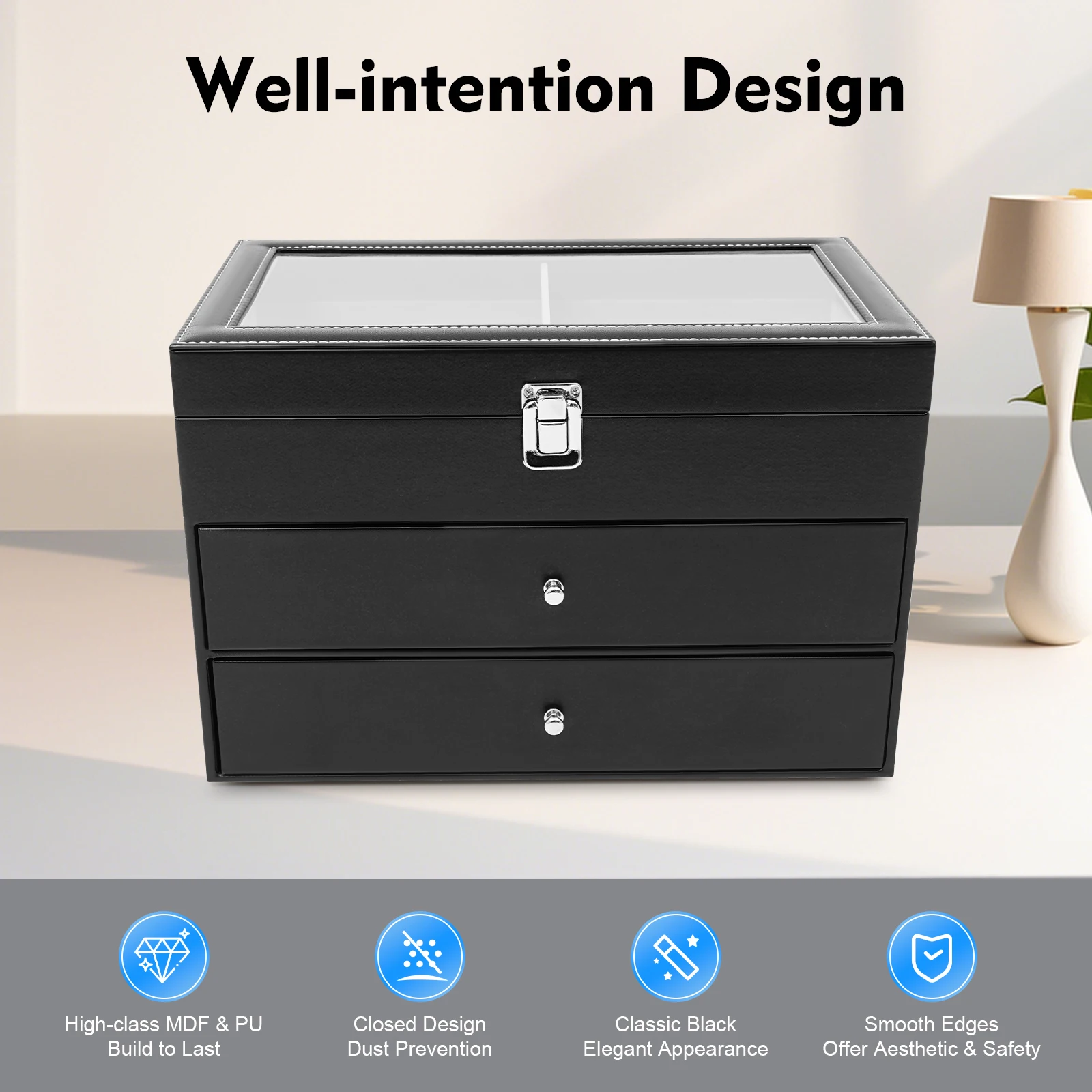 

Watch Eyeglass Storage Box with Clear Glass Lid, 24-Independent Compartment for Storing 12-Glass&12-Watch