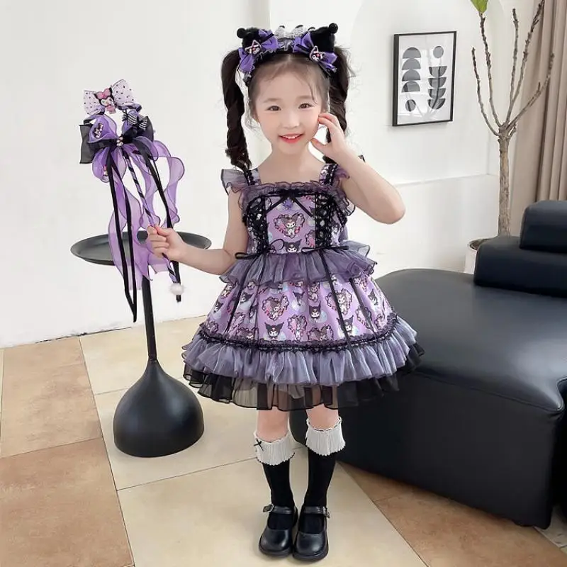 Kawaii Kuromi Cartoon Girls' Lolita Princess Dress Summer Anime Sanrio Girly Heart Sweet Cute Children's Suspender Dress