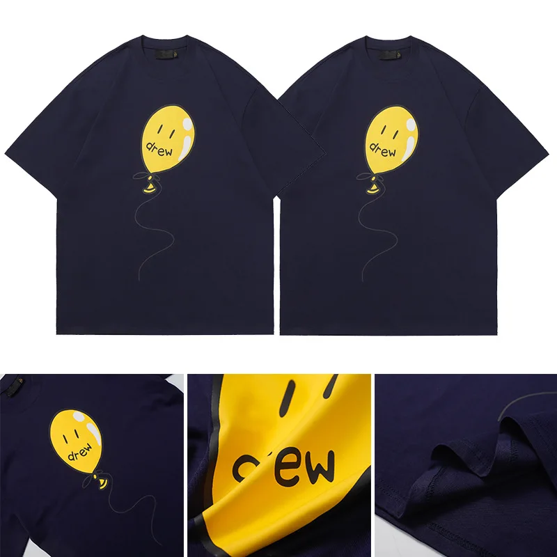 

Drew House Premium Quality Smiley Print Balloon Sleeve Short-Sleeve New Style 100% Cotton Navy Loose-Fit T-Shirt