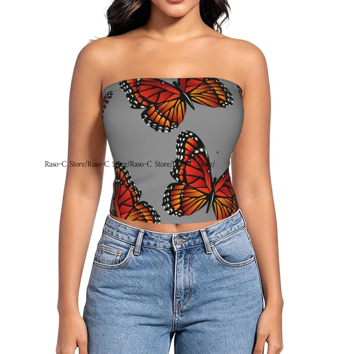 Women's strapless halter top Bright Monarch Butterfly summer sexy short-sleeved top