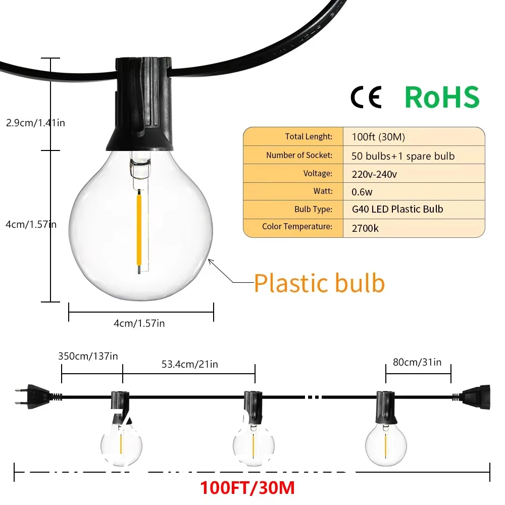 30M 45M Outdoor G40 Garten Lichterkette LED Kunststoff Glühbirne Girlande Lichterkette Wasserdichte Fee Lampe für Terrasse hochzeit Dekoration