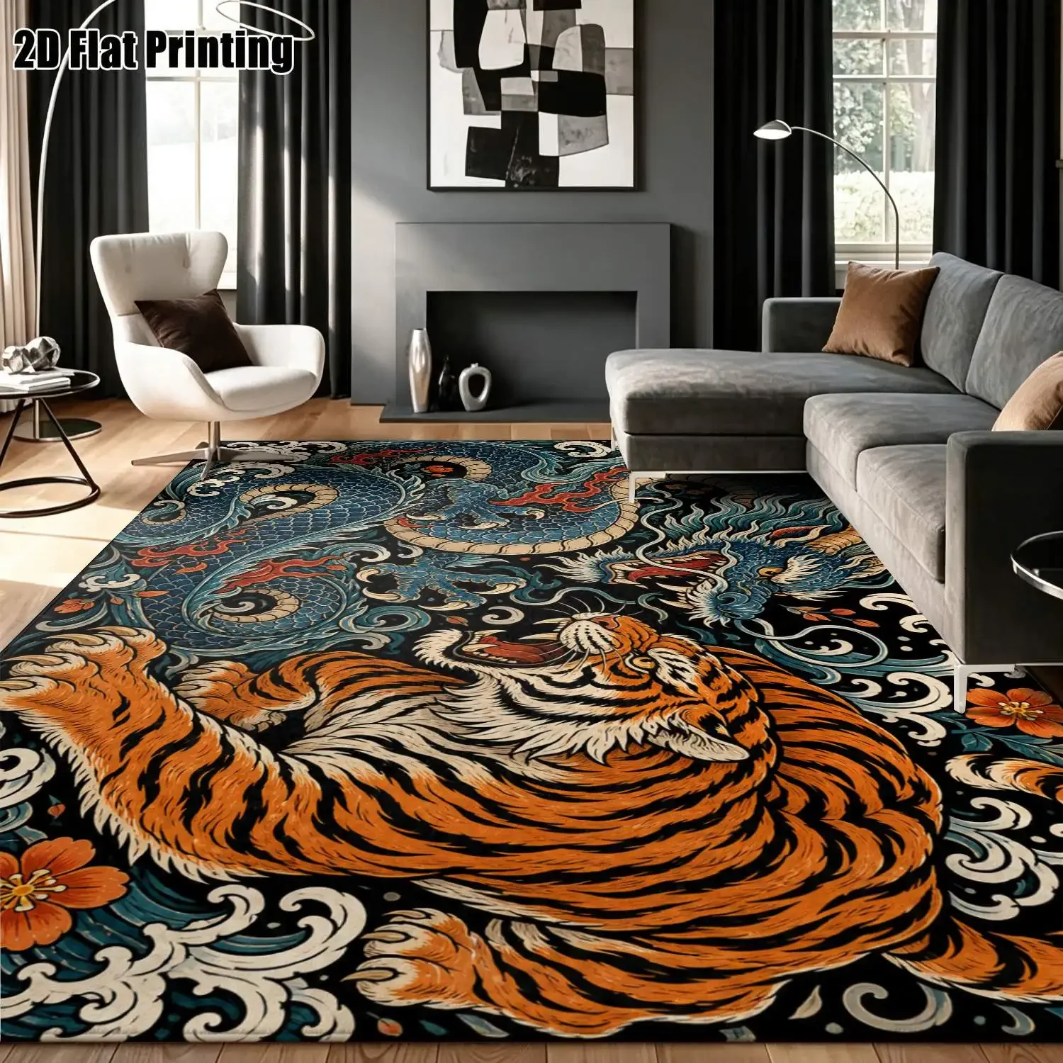 1Pc 2D Printed Carpet: Blue-Orange Dragon-Tiger Floral, Vintage, European, Bohemian, Geometric Striped Multi-Size, Machine Washa