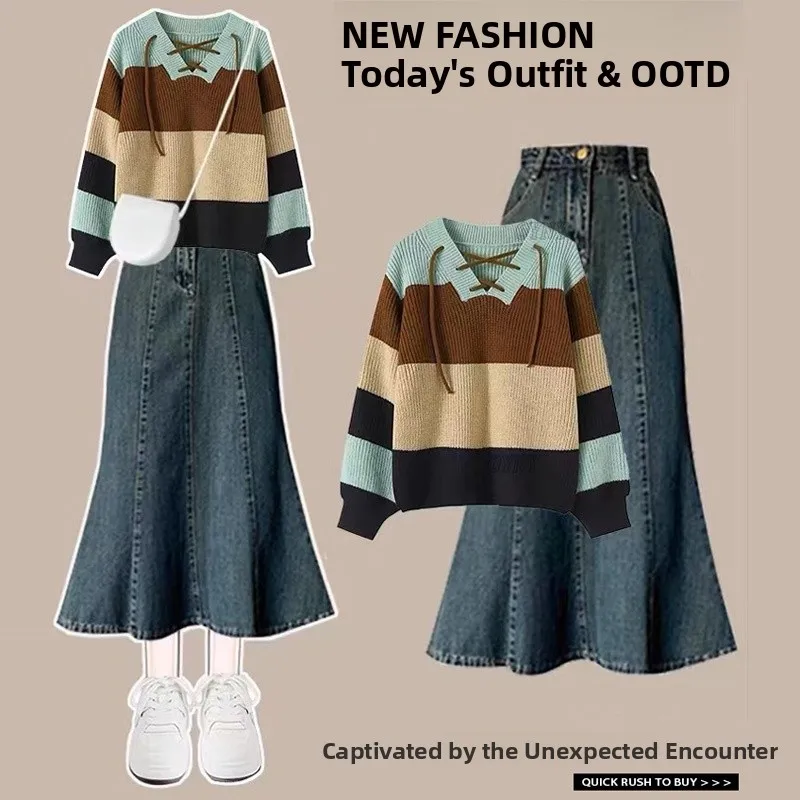 

Осенний женский свитер с v-образным вырезом и высокой талией, джинсовая юбка с хвостом, цветная блузка, комплект для детей 8-25 лет, Новое поступление 2024 года