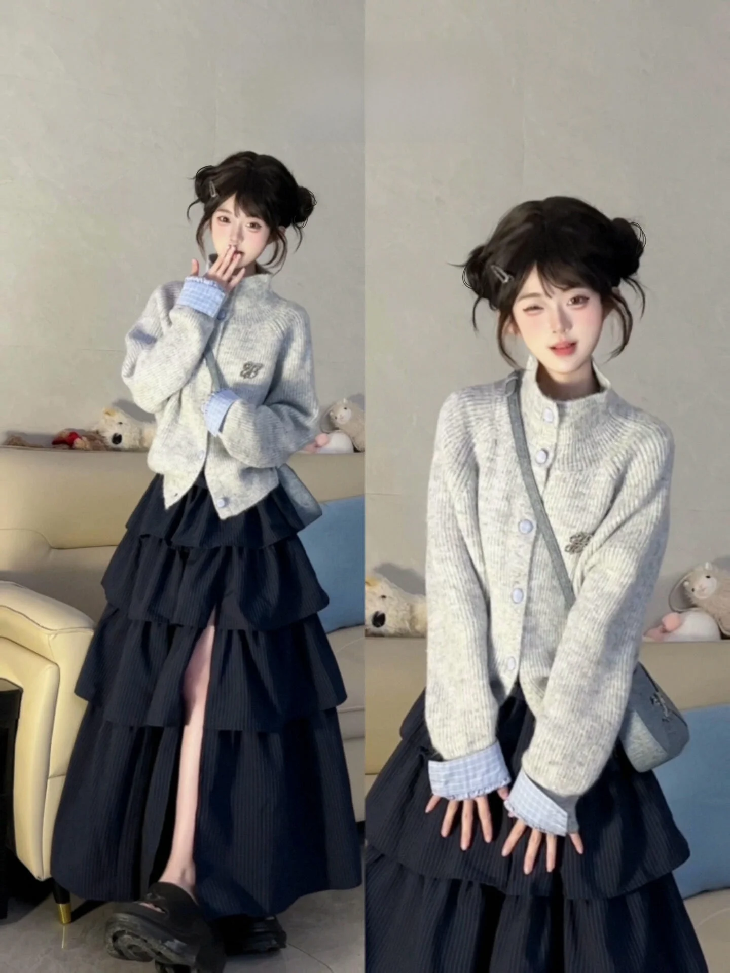 

Korean Style Knitted Sweater Coat Women's Early Autumn Design Sense Outerwear Soft Splice Long Sleeve round Neck Warm Top
