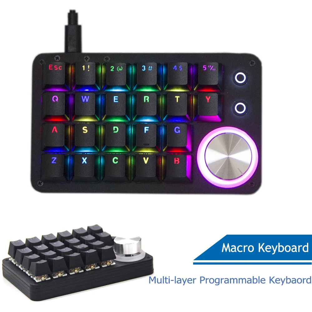 Macro keyboard with Knob 24 Keys Programmable Keyboard One Handed Macro Mechanical Keyboard RGB LED Backlight Red Switch USB