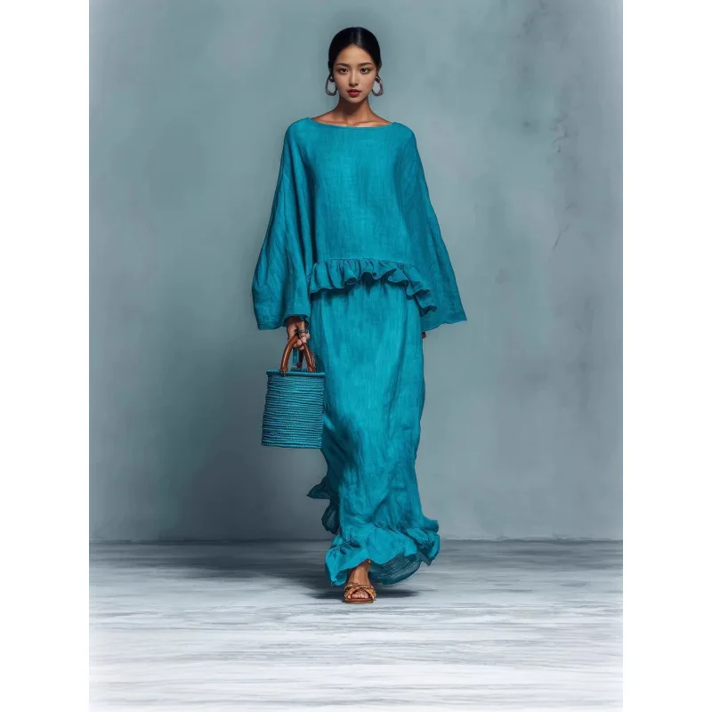 

2026 New Women Fashion Casual Pure Color Long Sleeve Irregular Midi Skirt Set Elegant Two Piece Outfit