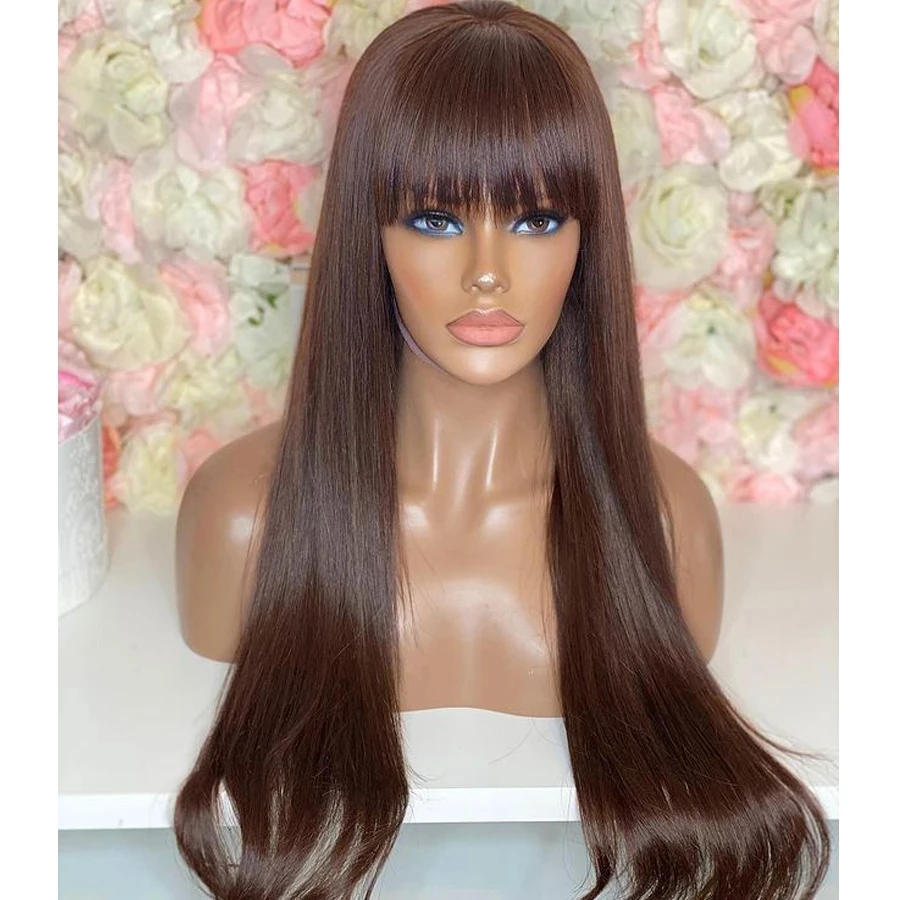 Long  Chocolate Brown Transparent Lace Front Synthetic Hair Wigs Straight  with Bangs  Lace Frontal Fringe Wigs