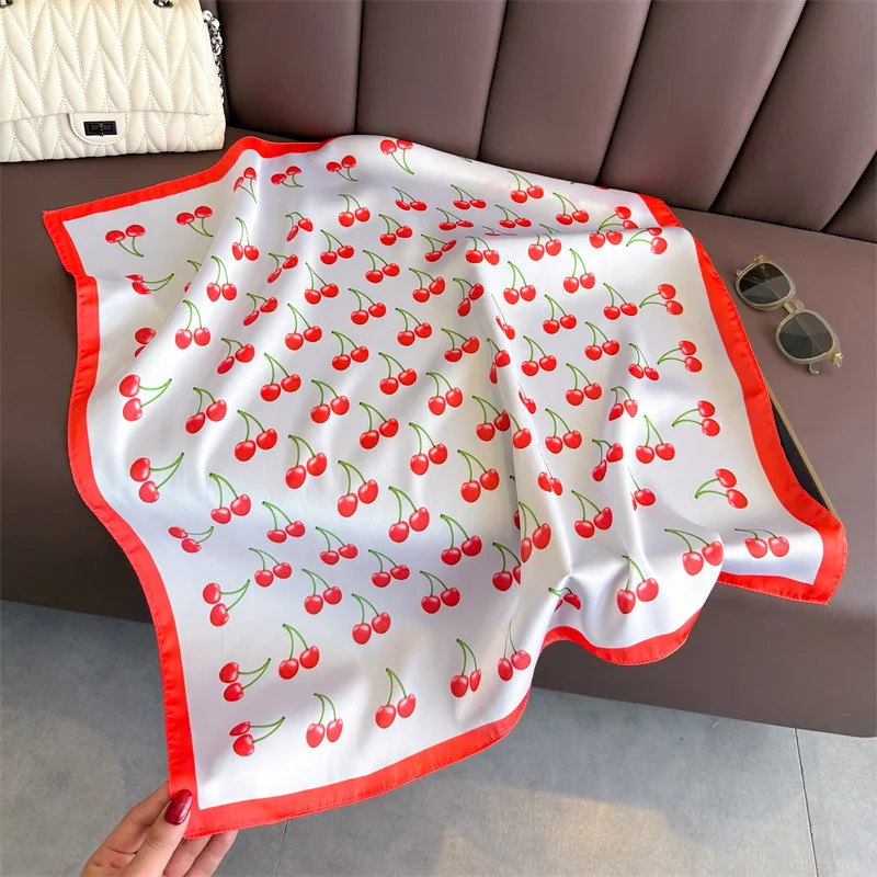 Luxury Square Satin Scarf Women Cute Fruit Cherry Pattern Shawls and Wraps Fashion Small Bag Scarves Hair Tie Bandanas 70*70Cm