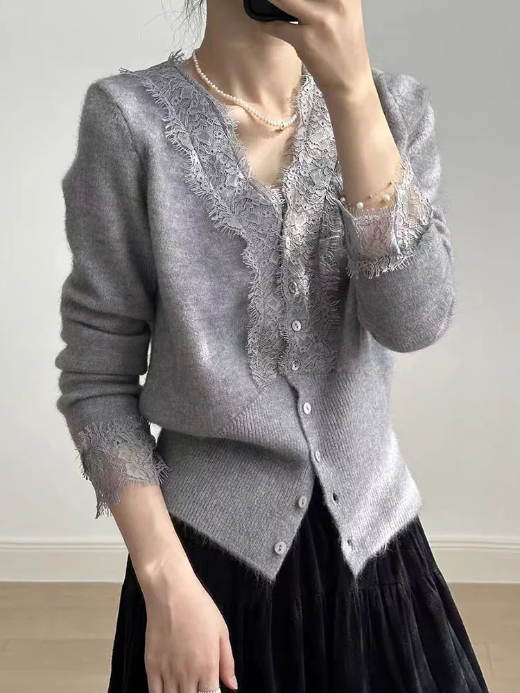 

Knitted Sweater Women 2025 Autumn Winter New Arrival Lace Patchwork V Neck Sweaters Pullovers Casual Outwear Body Sweater Tops