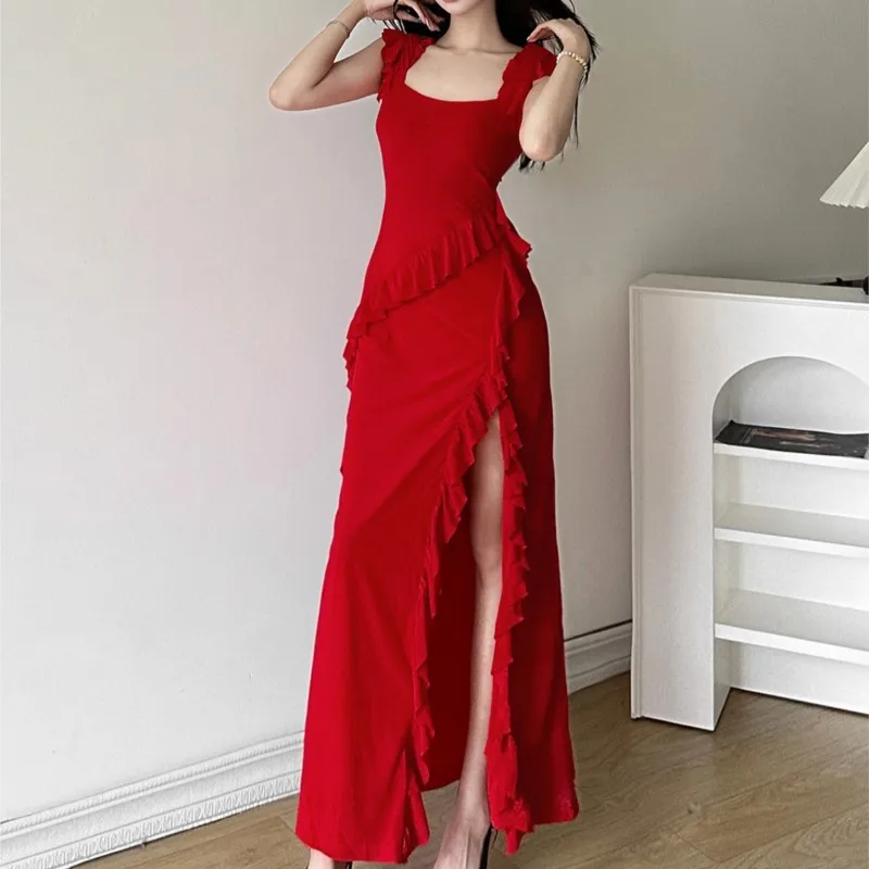 

Feminine Flounced Stitching Square Collar Dress Female Temperament Slit Slimming Midi