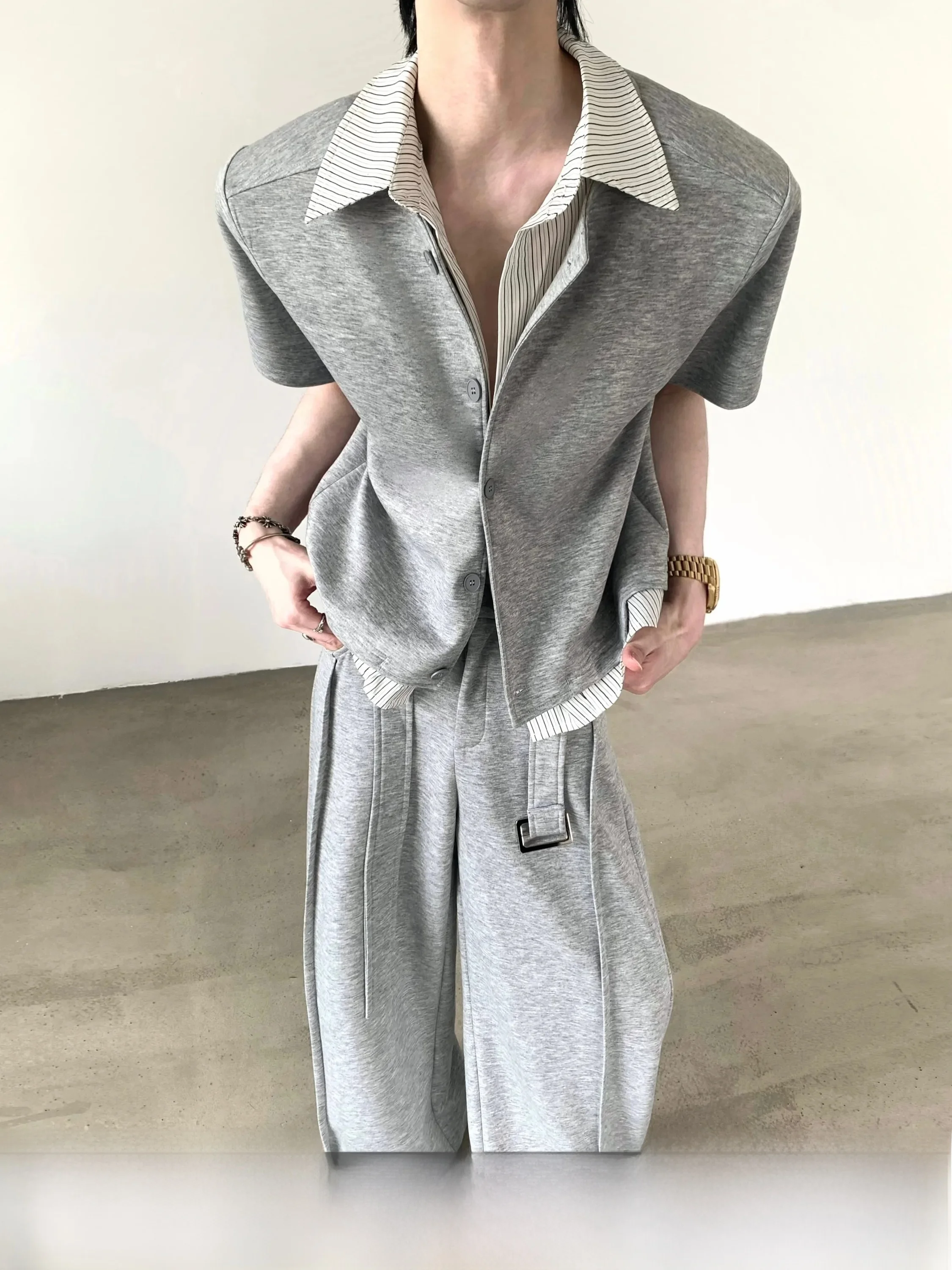 Autumn Mountain Elegant Patchwork Fake Two-Piece Jacket Men's Summer Old Money Grey Set Shoulder Pad Short Sleeve T-Shirt