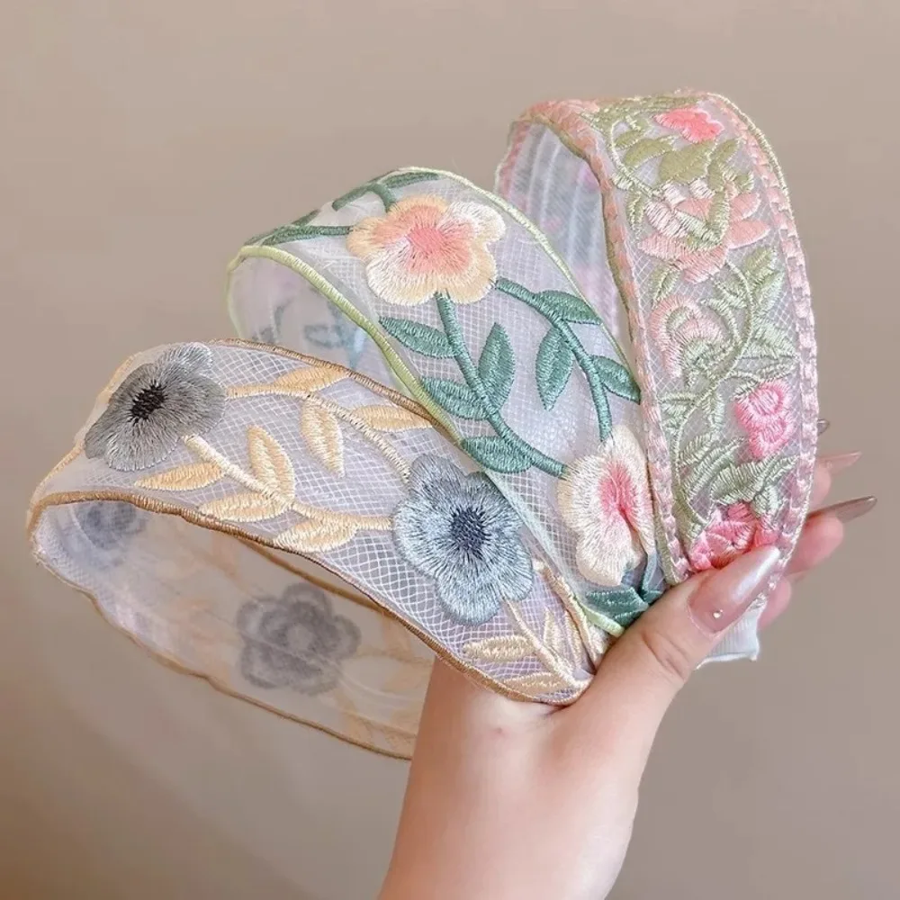 

Повязка на голову с цветочной вышивкой в стиле ретро, шифоновая с зубцами, модная повязка на голову с широким краем, пучок волос с цветочным принтом