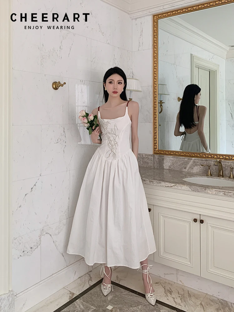 CHEERART Backless Embroidered Vintage Corset Dress White Black Ball Gown Long Midi Birthday Dress For Women Luxury 2023