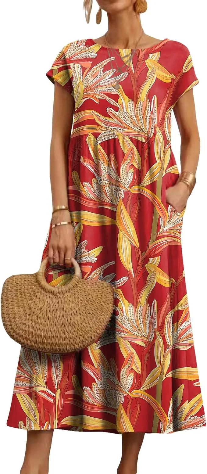 Robe mi-longue à fleurs style Boho pour femmes, vacances d'été, décontractée, fluide, plissée, manches courtes, t-shirt longue avec poches