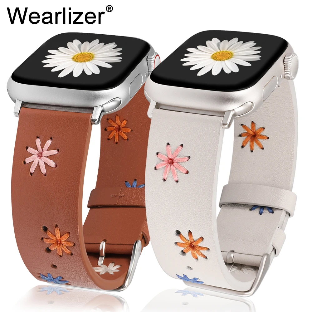 

Wearlizer Embroidery Flowers Leather Band For Apple Watch Strap 45mm 38mm 40mm 41mm 49mm Watch Strap For iWatch 9 8 7 SE 6 5 4 3