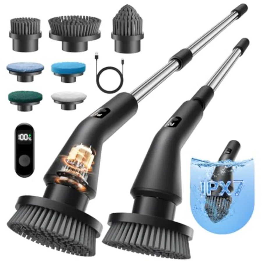Electric Spin Scrubber, 2026 Upgraded Cordless Cleaning Brush Bathroom Scrubber, IPX7 Waterproof Electric Scrubber with 7 Brush