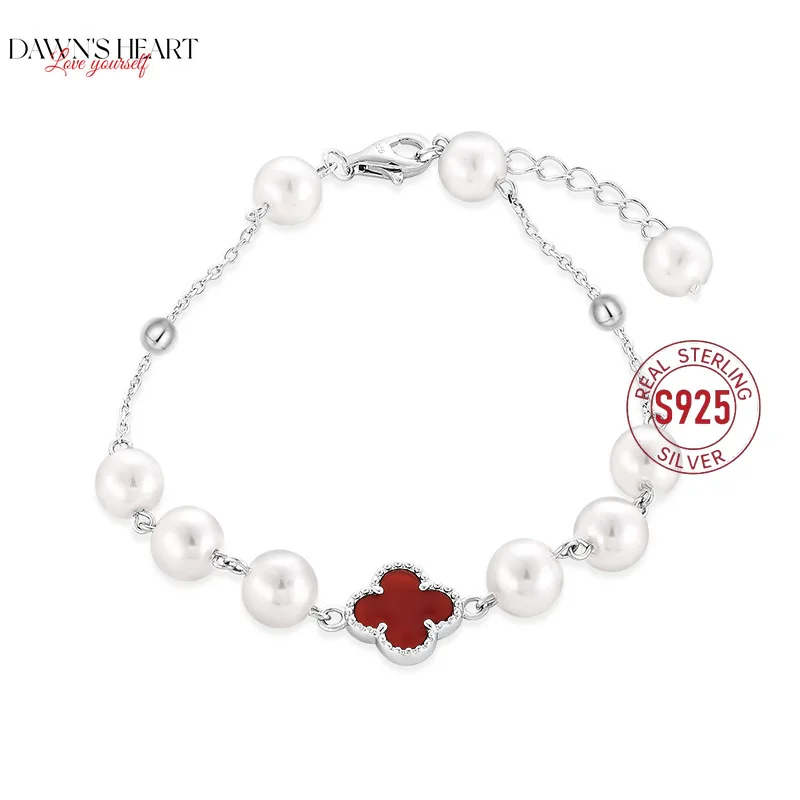 

New S925 Sterling Silver Natural Pearl Four-leaf Clover Bracelet Tennis for Women Girlfriends Light Luxury Niche Ins Style
