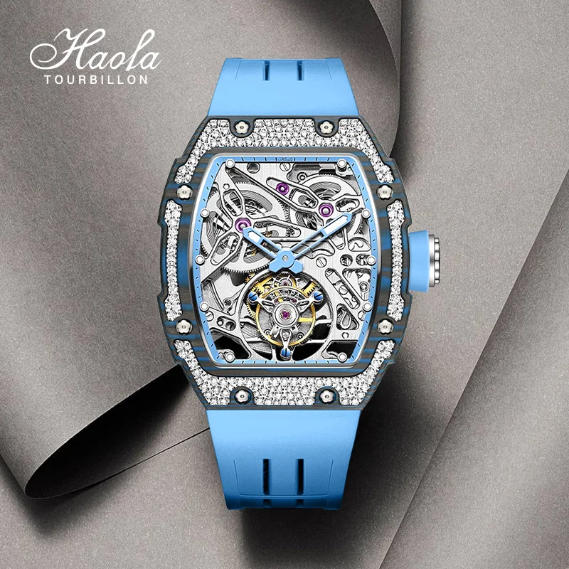 Haofa Carbon Fiber Diamond Case Tourbillon Watch Luxury Skeleton Automatic Mechanical Watch Sapphire Waterproof Luminous 1901-3