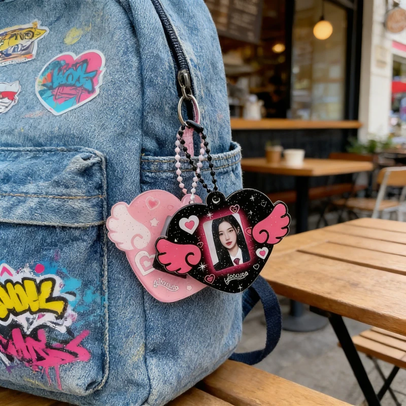 

1Pc Y2k Angel Heart Acrylic 1-inch Card Holder Korean KPOP Idol Photocard Display Protecor Cute Girl's Keychain Backpack Pendant