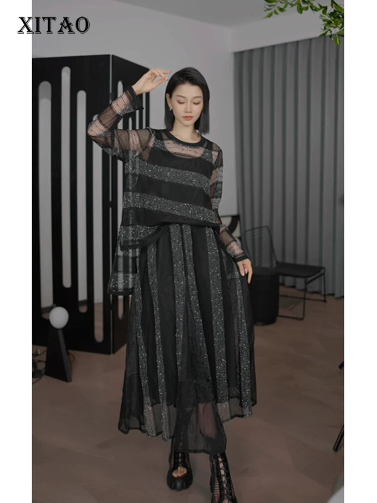 

XITAO осенние вязаные женские комплекты, повседневные новые искусственные комплекты из двух предметов, футболка с ремешком, ленивые нерегулярные женские комплекты GJ1235