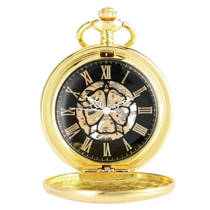 Luxury Golden Shield Design Clock Skeleton Dial Mechanical Hand Winding Pocket Watch for Men Women FOB Chain Gift
