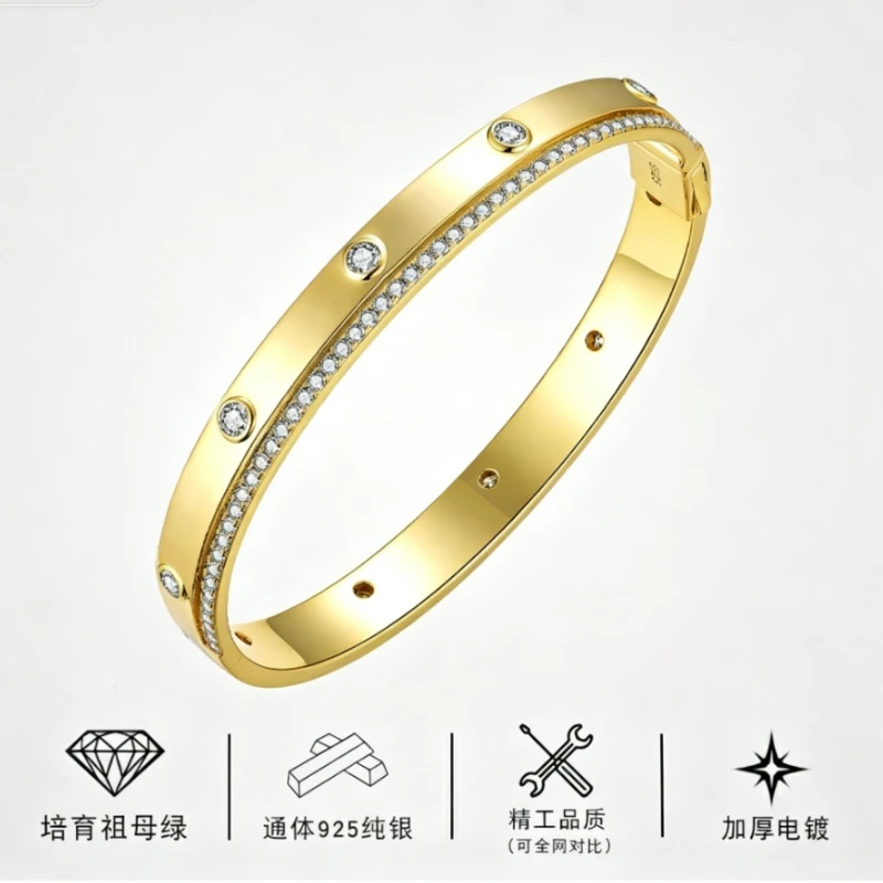 Cross border circular moissanite bracelet S925 made of pure silver plated with 18k moissanite diamonds, fashionable and versatil