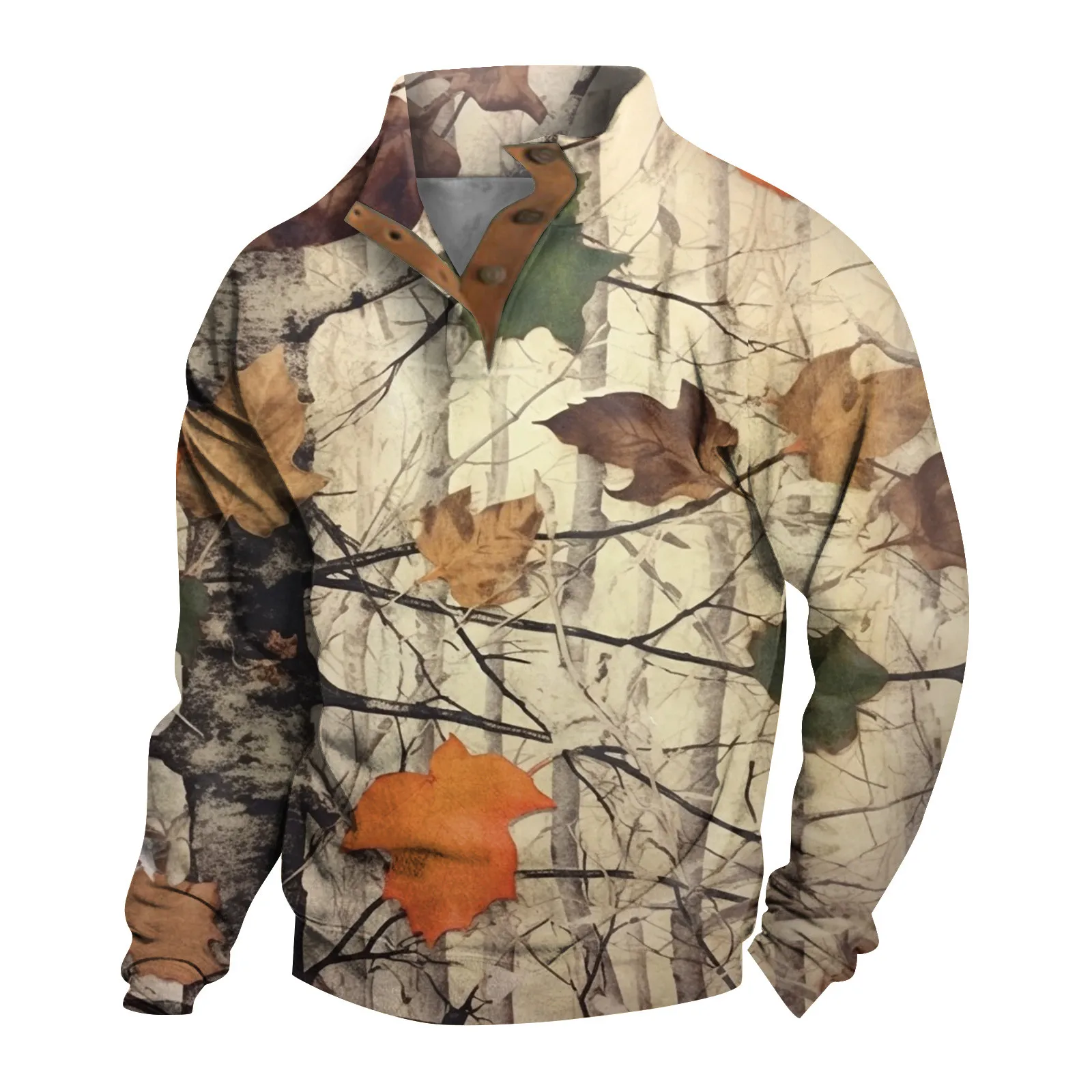 2024 New Maple Leaf Print Pullovers Spring Autumn Men'S Outdoor Sweatshirt Fashion Standing Collar Button Casual Pullovers