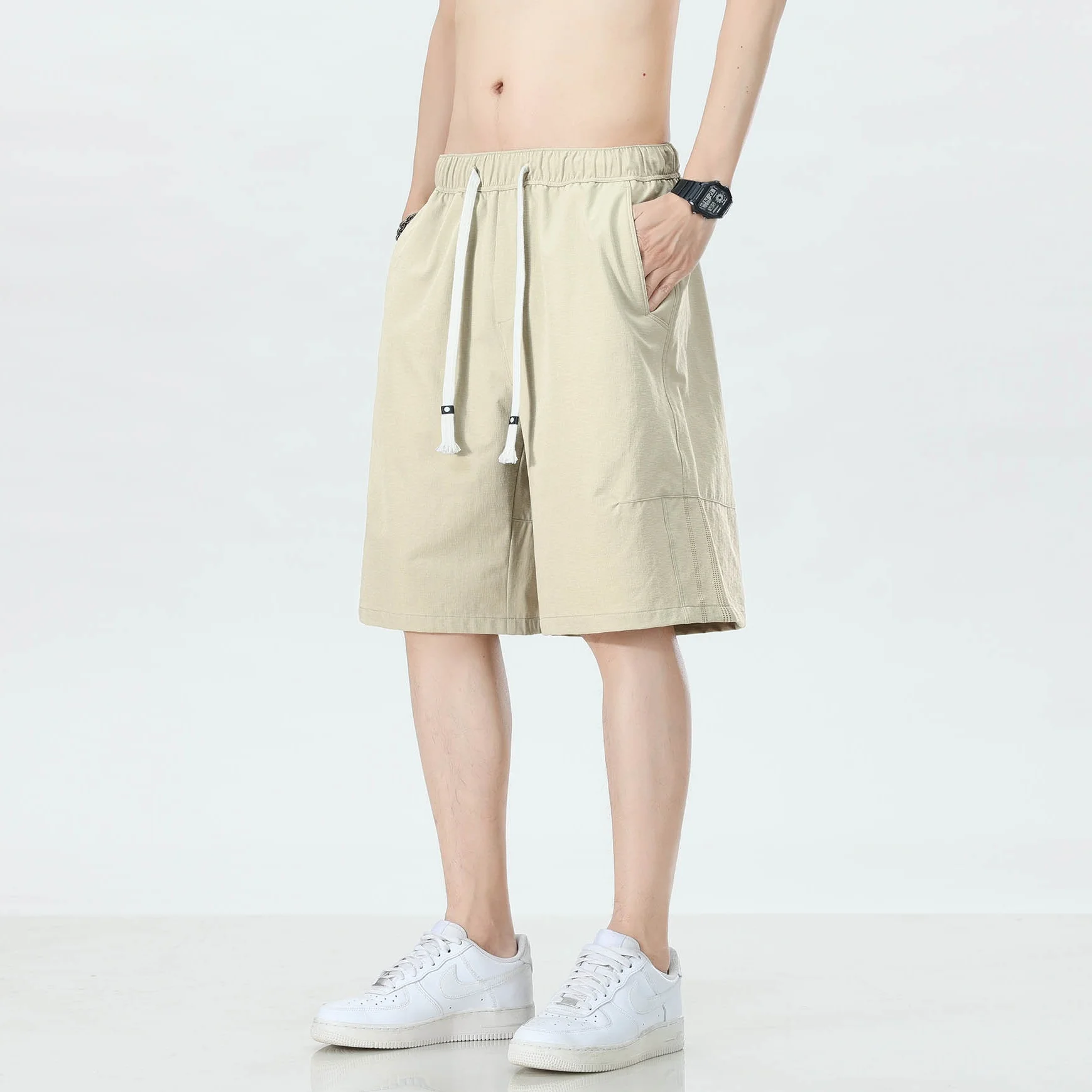 

2026 summer brand 100% polyester men's loose lightweight drawstring shorts anti-scratch quick-drying sports knee length pants