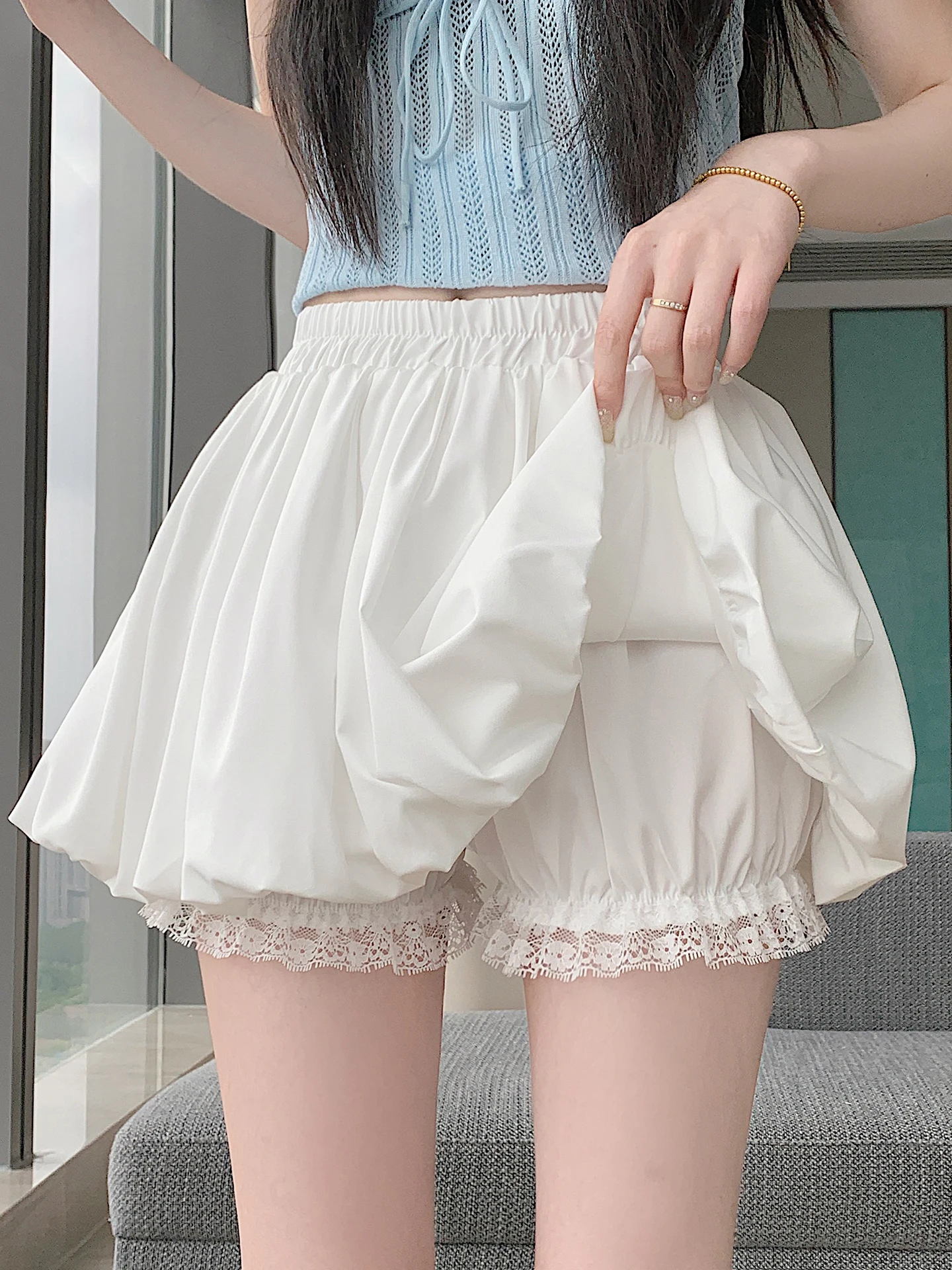 Sweet High Waist A-Line  Skirt with Lace Trim Anti-Light Women's Summer Bloom Skirt Pants Breathable Skin-Friendly