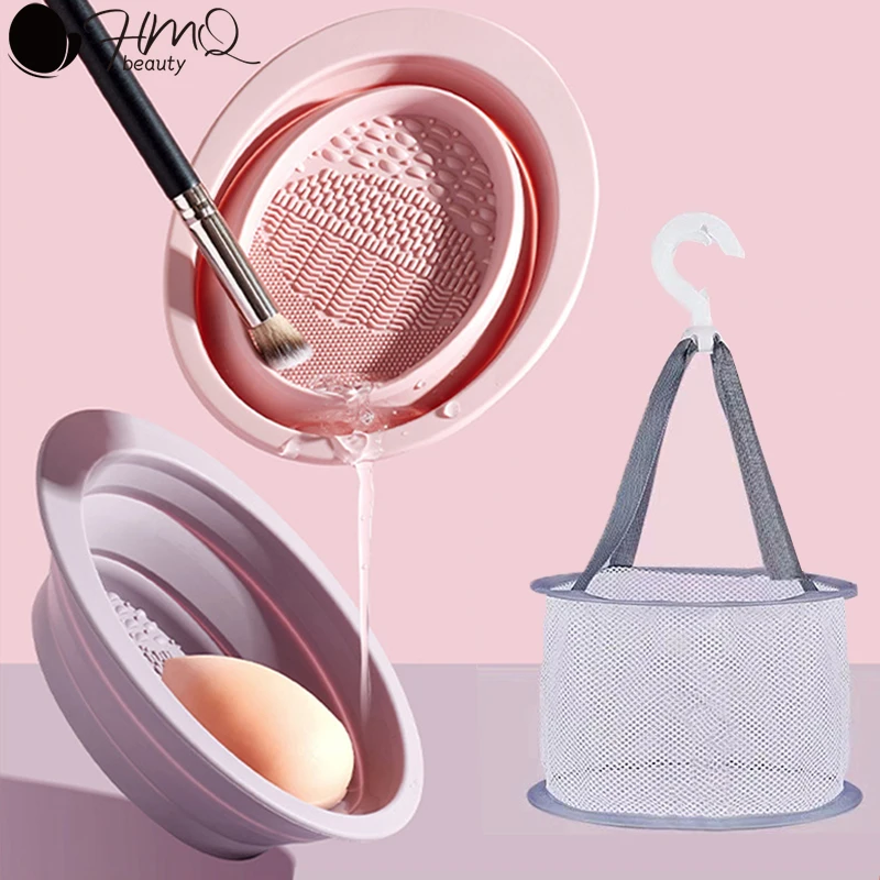 Silicone Makeup Brush Cleaning Bowl Powder Puff  Cleaner Beauty Washing Scrubber Pad with Folding Brush Holder Makeup Tools