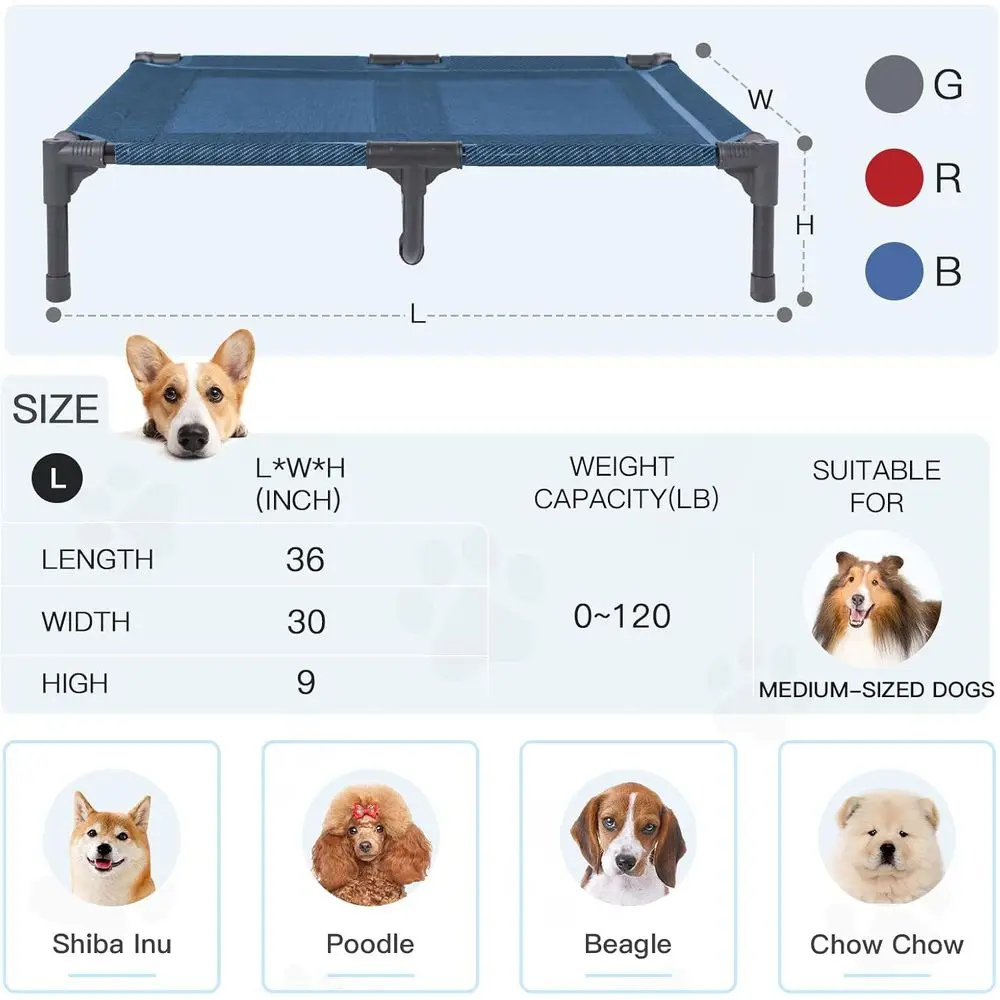 Cama Refrescante para Cães Médios com Malha Teslin, Cama Portátil Impermeável para Uso Interno/Externo, Grande, 36x30x7 Polegadas, Azul