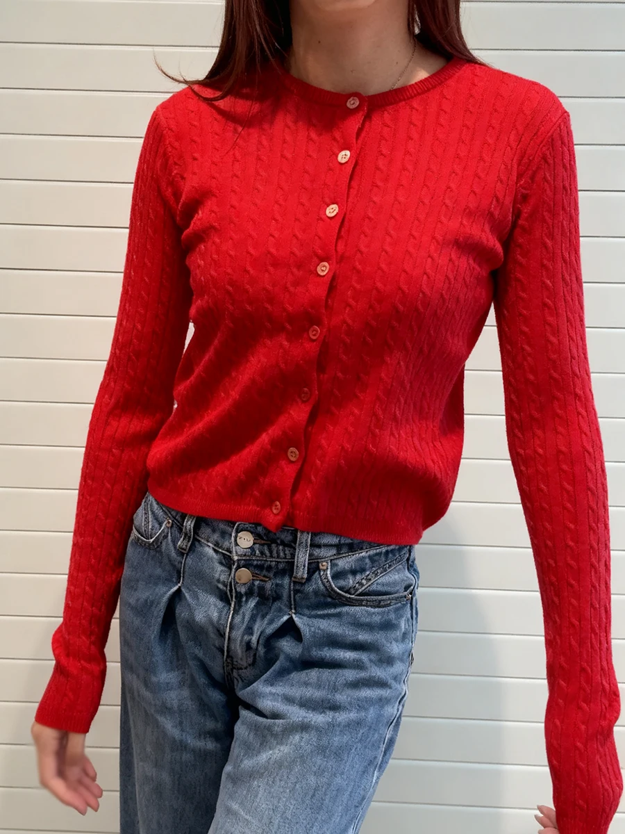 

Christmas Red Twisted Flower Knit Cardigan Women Autumn Casual O-Neck Single-breasted Slim Crop Top Preppy Style Chic Sweaters