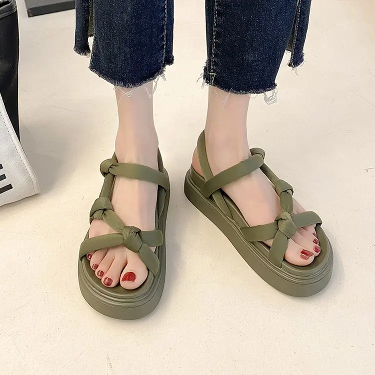 

Fashion Women Knit Roman Sandals 2025 Summer Soft Thick Sole Anti Slip Lightweight Outdoor Walking Shoes