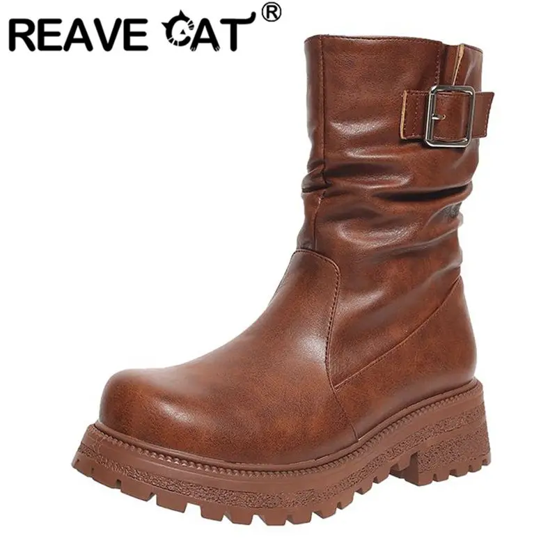 

REAVE CAT Панк женские ботильоны с круглым носком на массивном каблуке 4,5 см, платформа, молния, пряжка ремня, маленький размер 31 32 33, повседневная повседневная обувь Bota