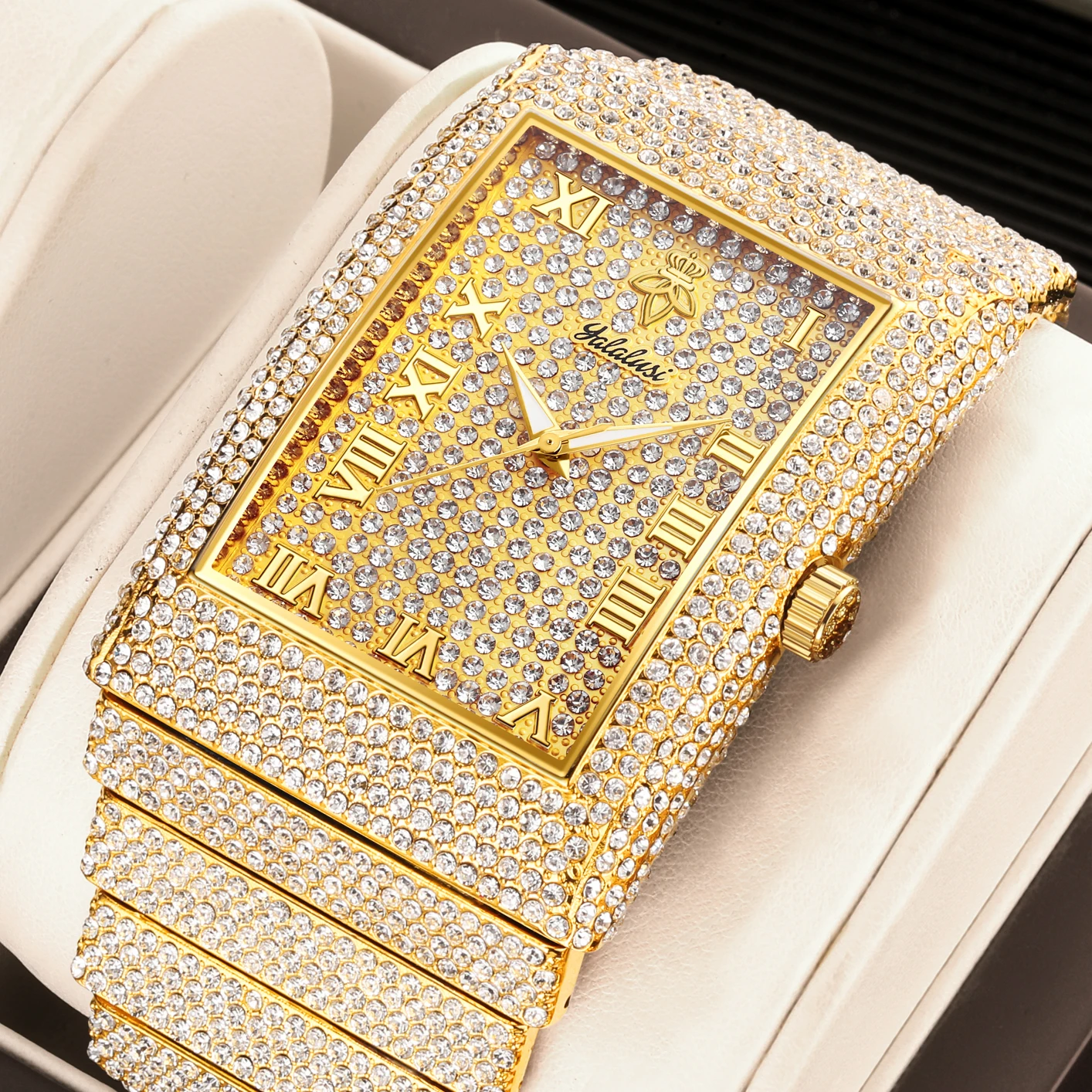 

YaLaLuSi Brand 1 Piece Men's Funky Shiny Quartz Watch Luxury Gold Dazzling Rhinestone Body Vintage Roman Scale Gift for Men