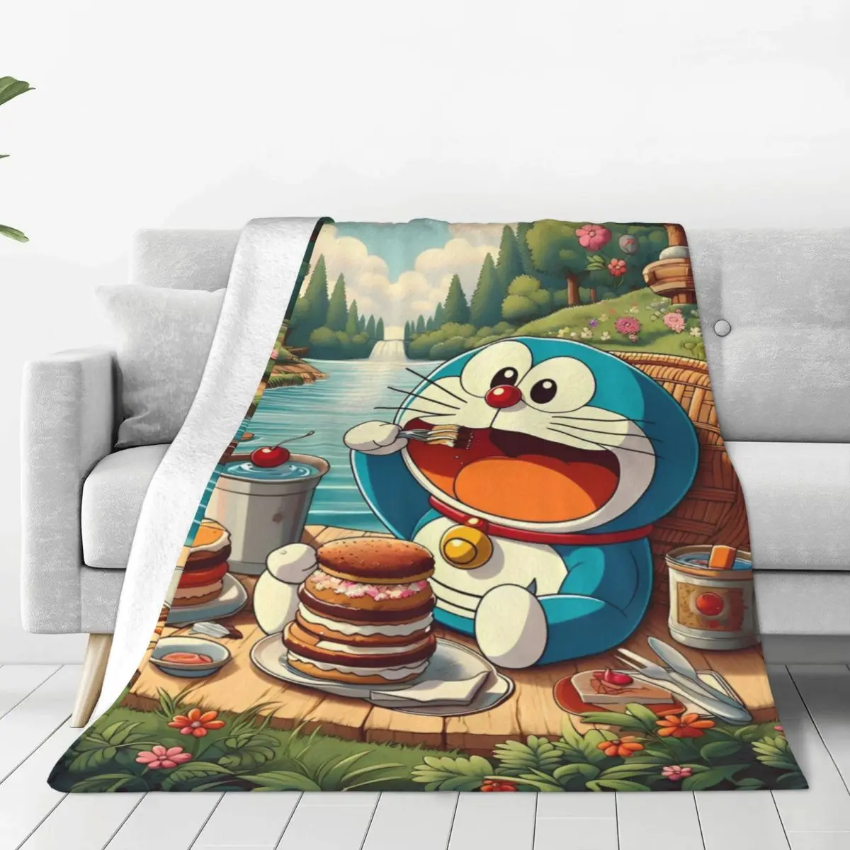 Doraemon Blanket eat food Soft Novelty Plush Throw Blanket For Living Room Picnic Flannel Bedspread Bed Cover