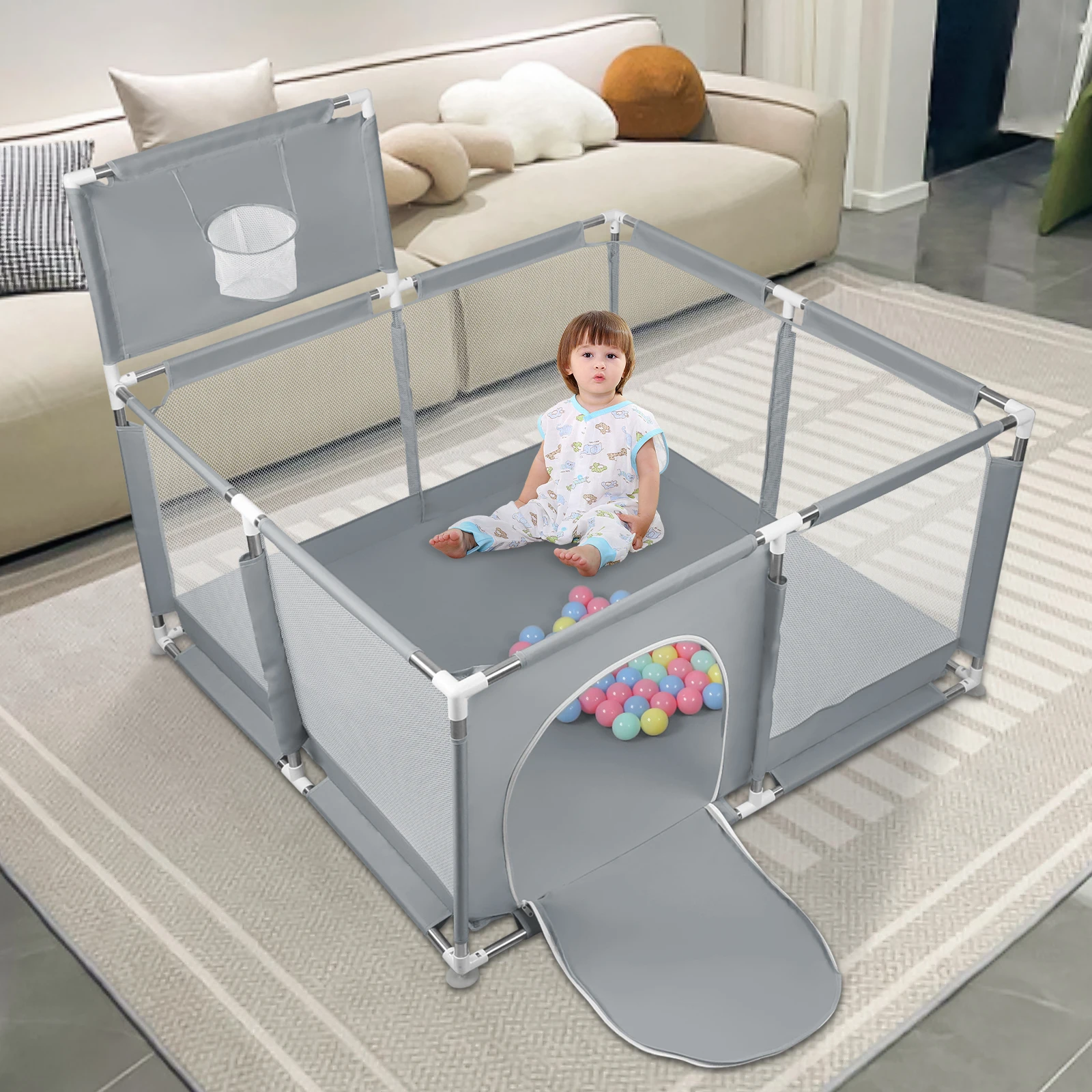 Children's Park Game Fence 126x126x66cm with Basketball Hoop-dark Gray Light