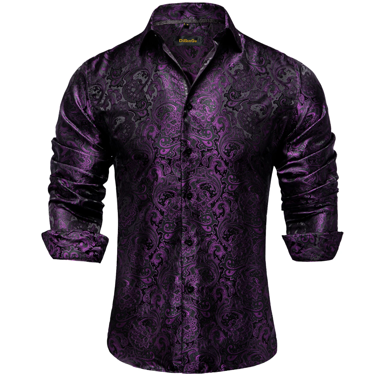 Men's Luxury Purple Paisley Silk Shirts, Long Sleeve, Designer Tuxedo, Wedding Party Dress Shirt for Men, DiBanGu