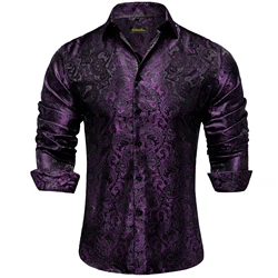 Luxury Purple Paisley Men's Silk Shrits Long Sleeve Designer Men Clothing Tuxedo Wedding Party Dress Shirt for Men DiBanGu