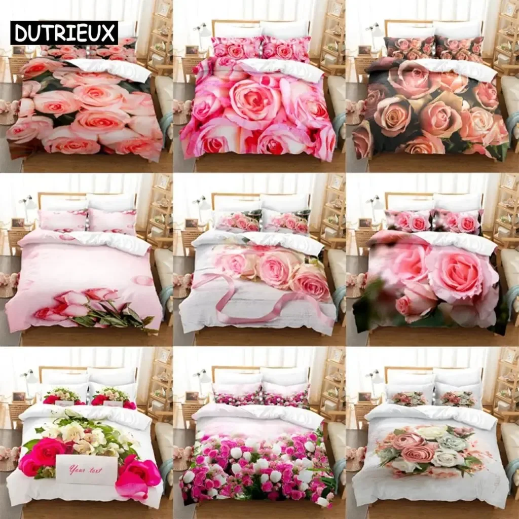 

Pink Flower Duvet Cover and Pillowcases Set King Size Double Bed Single 3D Queen Bedding Sets Pink Full Twin Quilt Linen