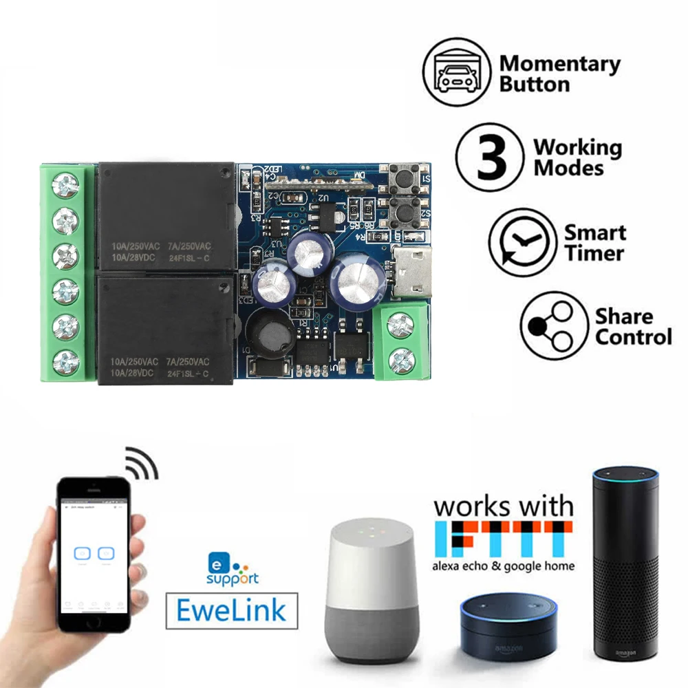 EWelink WIFI Smart Switch Type C 5V/DC7-48V 2-CH 10A Relay Module Wireless Remote Control For Alexa Googole Home Voice Control