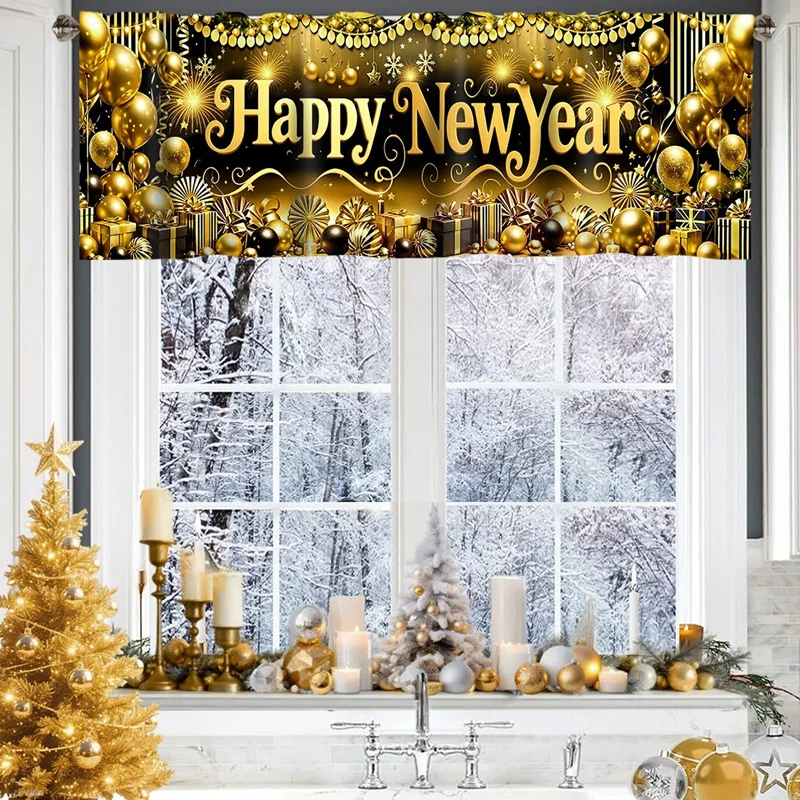 2026 سنة جديدة سعيدة ستائر قصيرة الستائر الألعاب النارية والبالونات علاجات النوافذ زينة السنة الجديدة للحمام المطبخ المنزلي #3