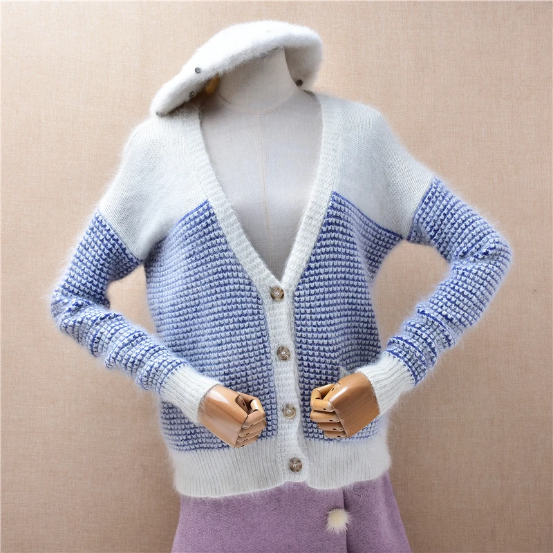 

Women Mujer Autumn Winter Fashion Colored Hairy Angora Rabbit Hair Knitted V-Neck Long Sleeves Slim Cardigans Sweater Jacket Top