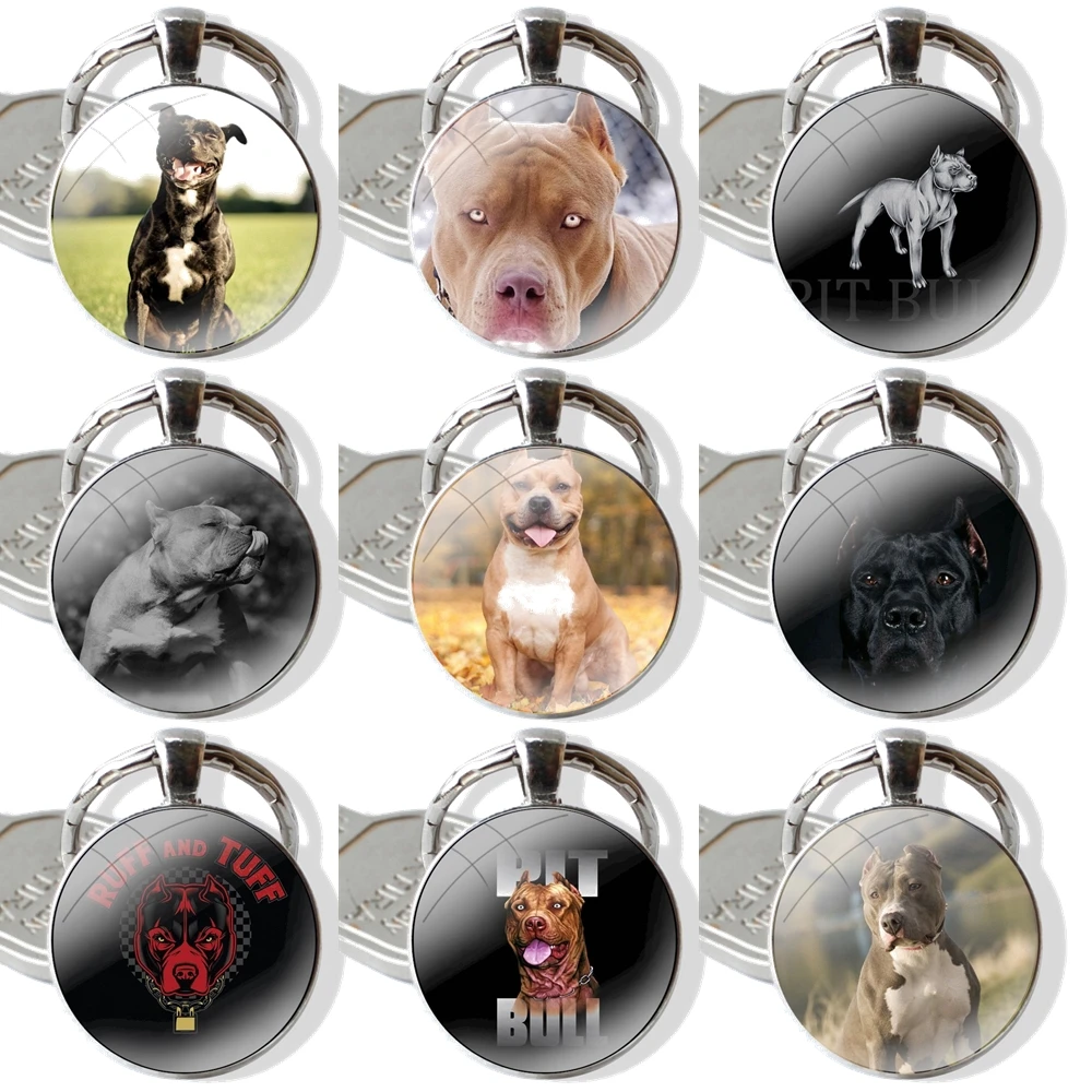 Pit Bull Lovely Pet Dog Pitbull Keychain Handmade Glass Cabochon Key Ring Holder Pendant Key Chains