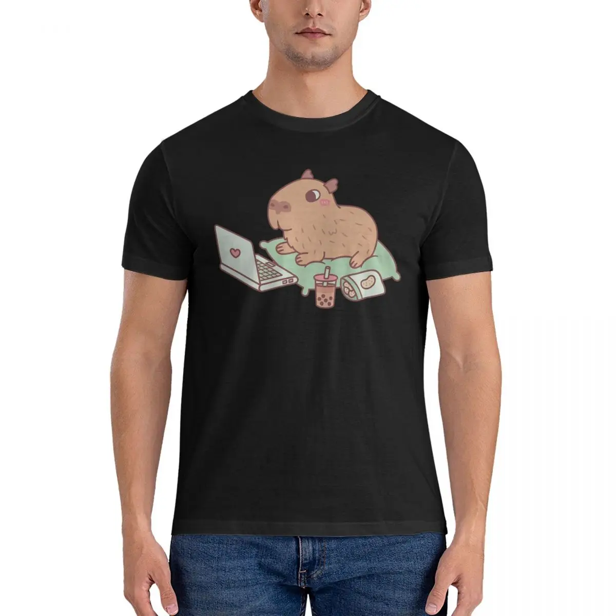 Cute Chilling Capybara With Laptop And Snacks T-Shirt for Men Cotton Oversized T Shirts Men's Short Sleeve O-Neck Clothes S-6XL