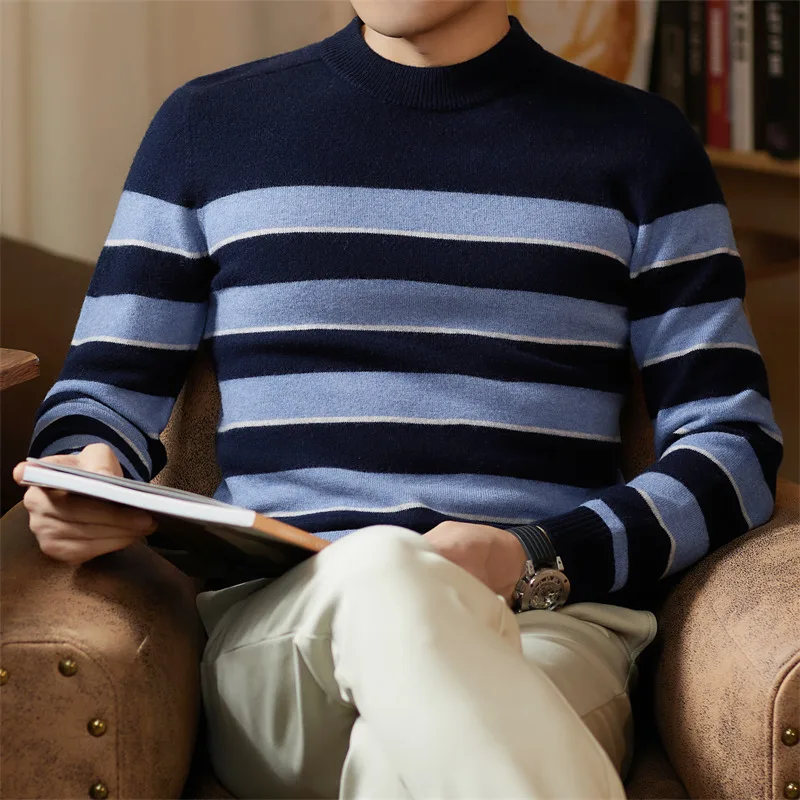 

Мужская одежда из 100% овечьей шерсти, новый модный теплый свитер в широкую полоску, осенне-зимний модный лоскутный цветной шерстяной джемпер, пуловеры