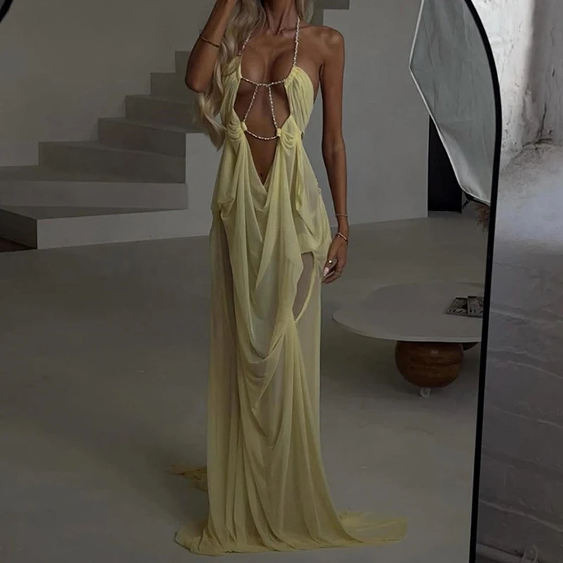 

Женское модное сетчатое прозрачное однотонное длинное платье, элегантное вечернее платье без рукавов для выпускного вечера, сексуальное платье с вырезом халтер и цепочкой, праздничное платье на день рождения