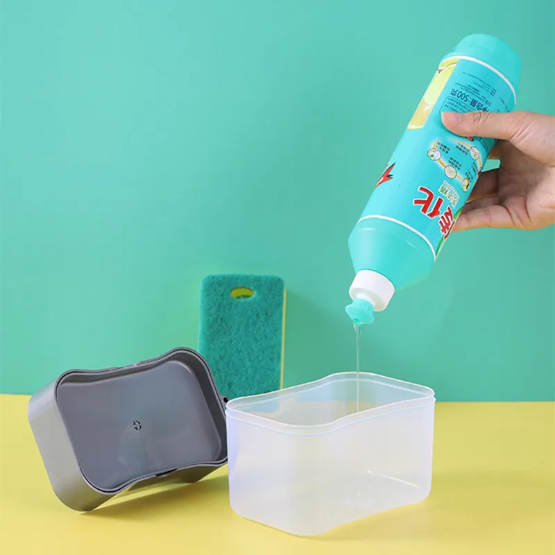 Dish Soap Box Hand Press Liquid Dispensing Tools with Sponge Holder Detergent Dispenser Set Portable Dishwashing Accessories