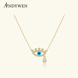 ANDYWEN 925 Sterling Silver Evil Eye Pear Shape Charm Blue Enamel Zircon CZ Long Necklace Luxury Rock Punk Gift Fashion Jewelry